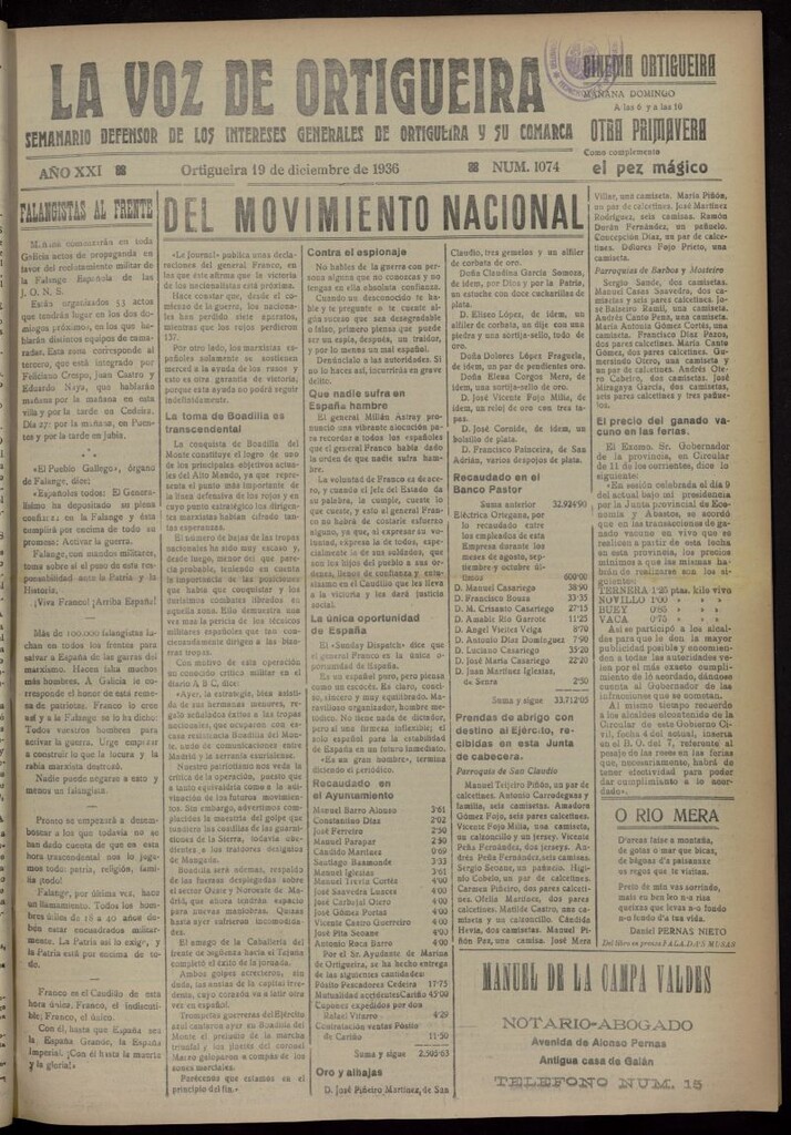 Miniatura de La Voz de Ortigueira del 19 de diciembre de 1936, nº 1074
