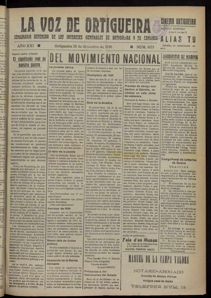 Miniatura de La Voz de Ortigueira del 26 de diciembre de 1936, nº 1075