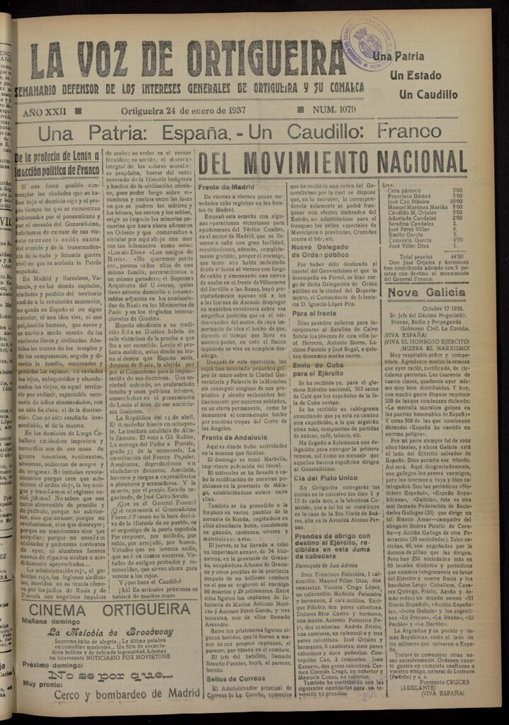 Miniatura de La Voz de Ortigueira del 24 de enero de 1937, nº 1079