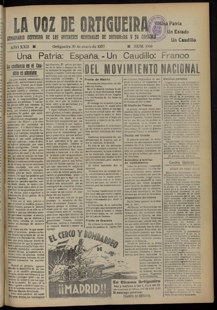 Miniatura de La Voz de Ortigueira del 30 de enero de 1937, nº 1080