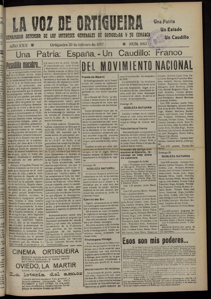 Miniatura de La Voz de Ortigueira del 20 de febrero de 1937, nº 1083