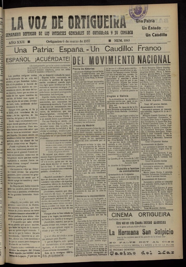 Miniatura de La Voz de Ortigueira del 6 de marzo de 1937, nº 1085