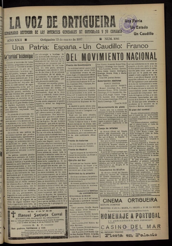 Miniatura de La Voz de Ortigueira del 13 de marzo de 1937, nº 1086