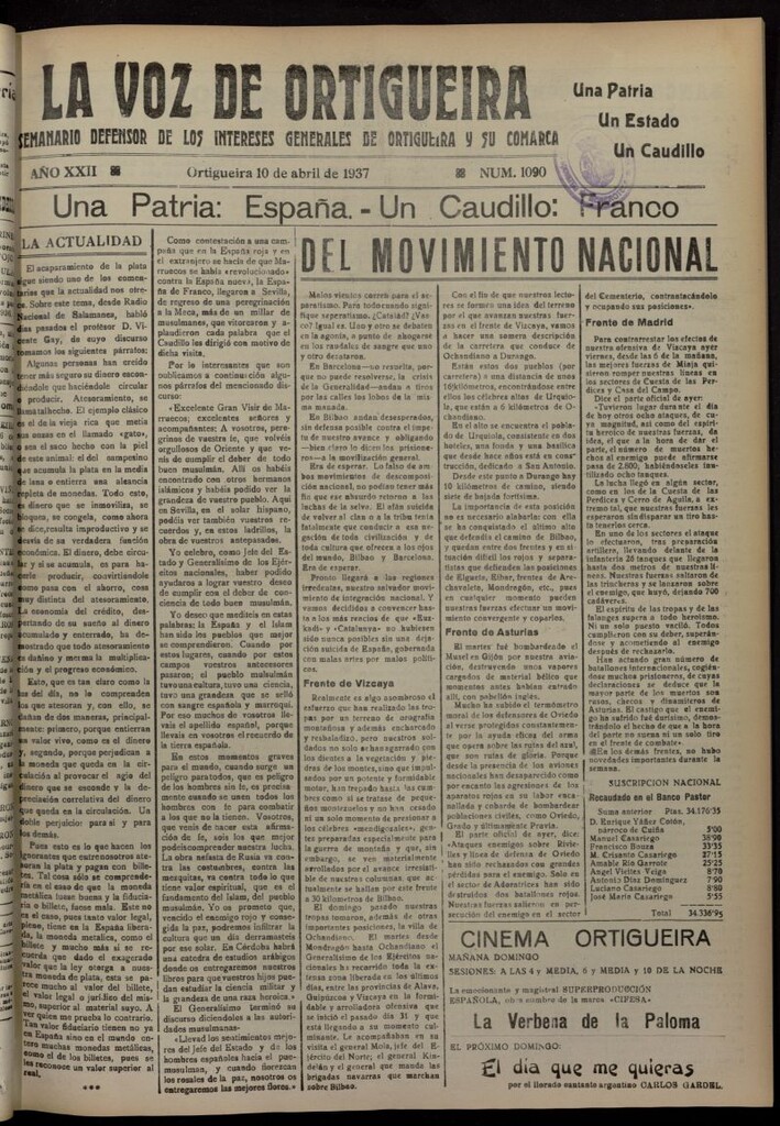 Miniatura de La Voz de Ortigueira del 10 de abril de 1937, nº 1090