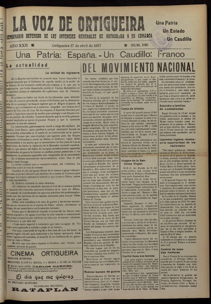 Miniatura de La Voz de Ortigueira del 17 de abril de 1937, nº 1091
