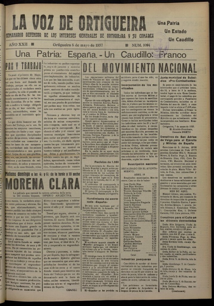 Miniatura de La Voz de Ortigueira del 8 de mayo de 1937, nº 1094
