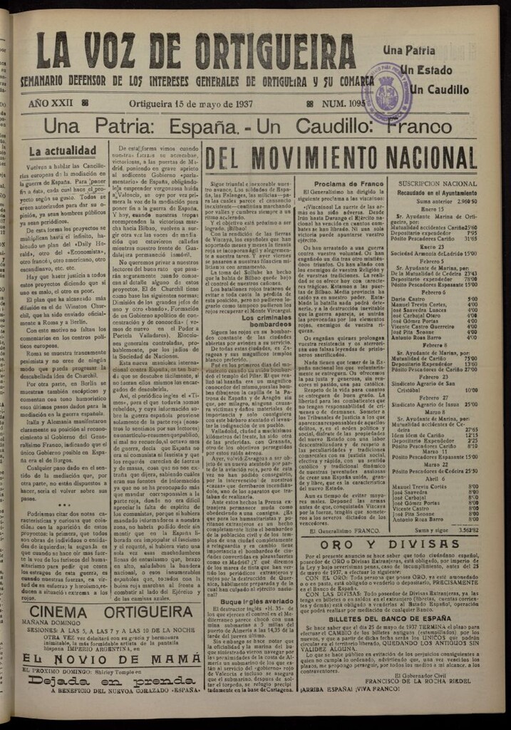 Miniatura de La Voz de Ortigueira del 15 de mayo de 1937, nº 1095