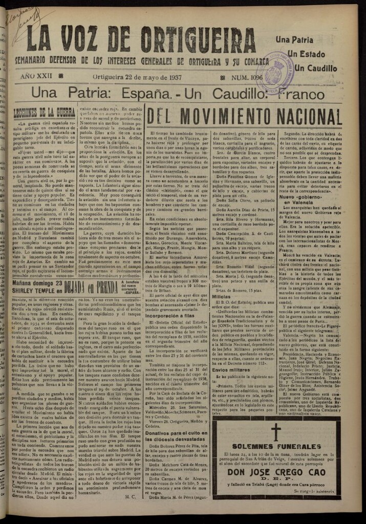 Miniatura de La Voz de Ortigueira del 22 de mayo de 1937, nº 1096