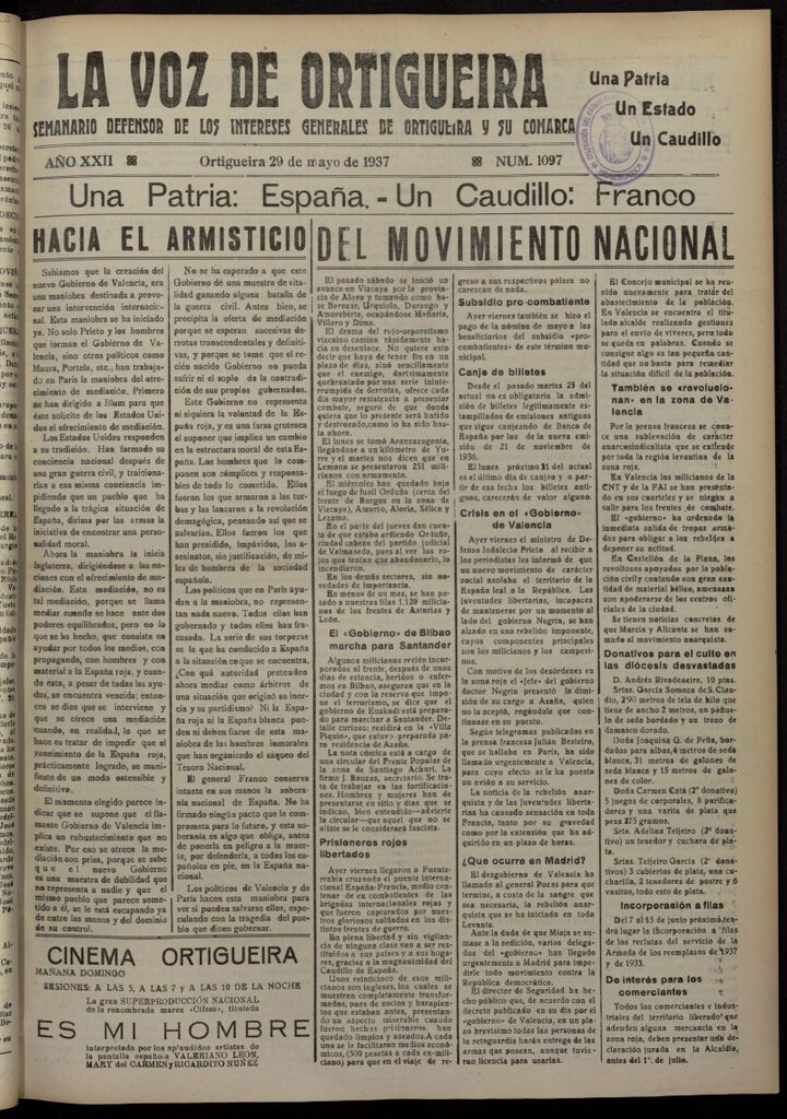 Miniatura de La Voz de Ortigueira del 29 de mayo de 1937, nº 1097