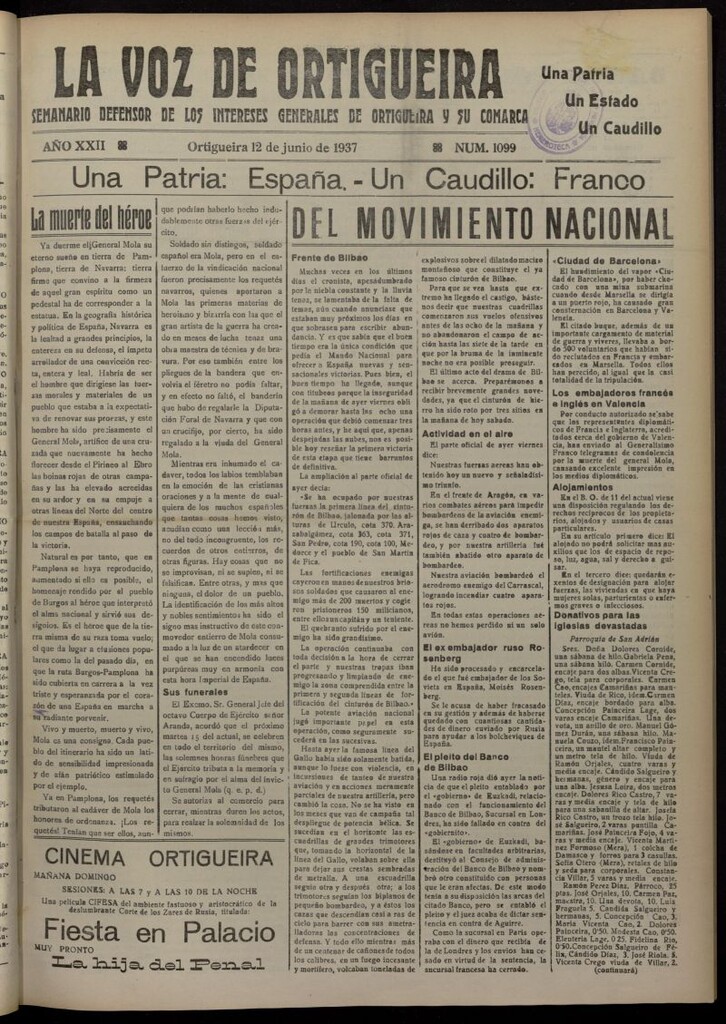 Miniatura de La Voz de Ortigueira del 12 de junio de 1937, nº 1099
