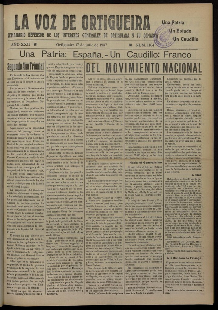 Miniatura de La Voz de Ortigueira del 17 de julio de 1937, nº 1104