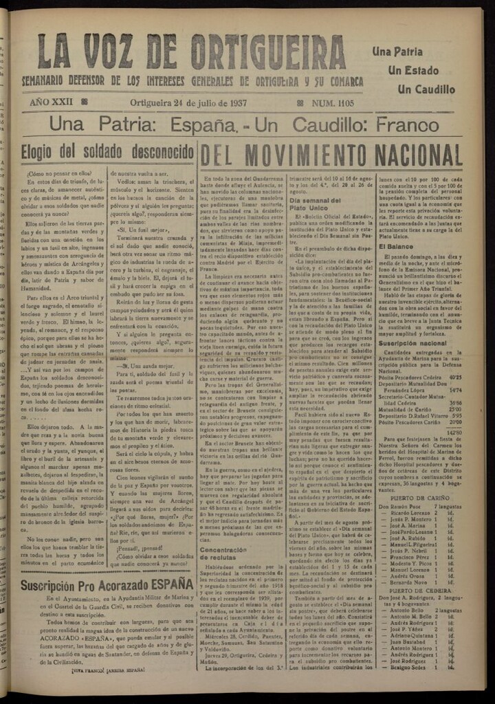 Miniatura de La Voz de Ortigueira del 24 de julio de 1937, nº 1105