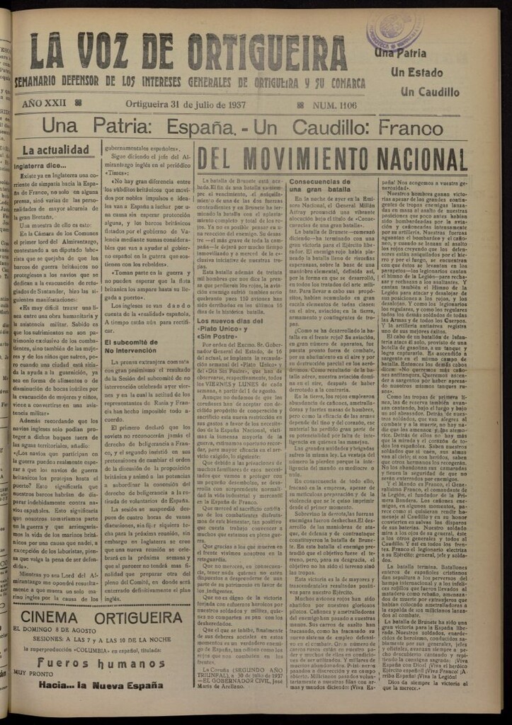 Miniatura de La Voz de Ortigueira del 31 de julio de 1937, nº 1106