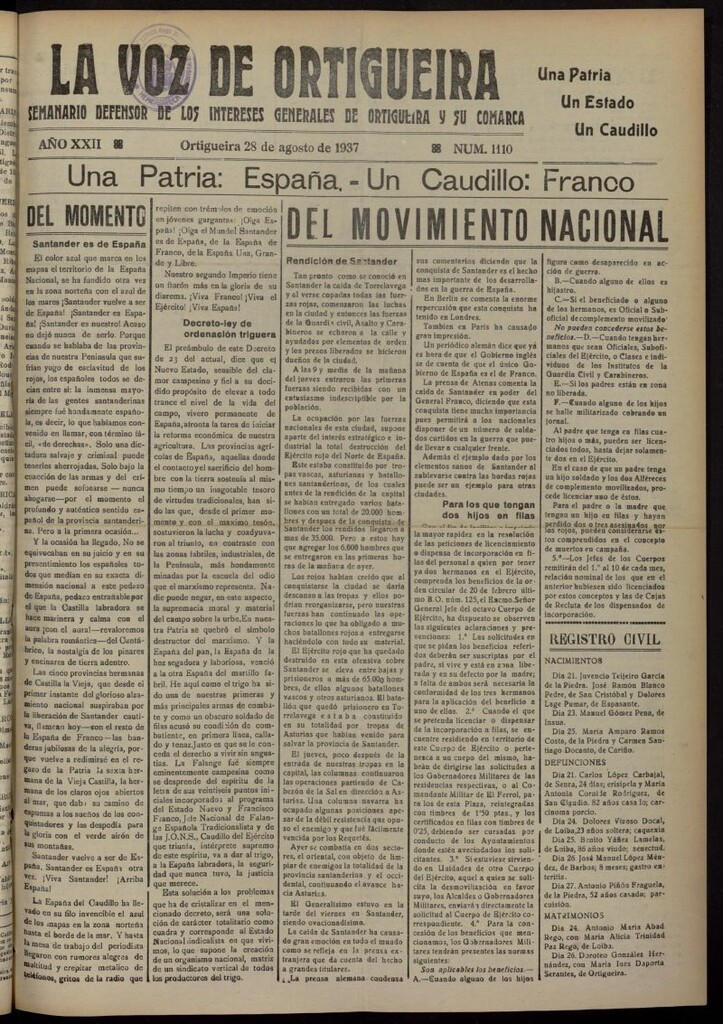 Miniatura de La Voz de Ortigueira del 28 de agosto de 1937, nº 1110