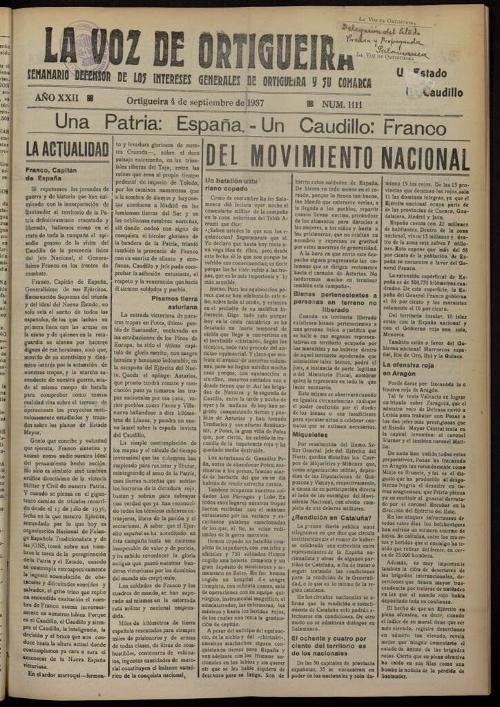 Miniatura de La Voz de Ortigueira del 4 de septiembre de 1937, nº 1111