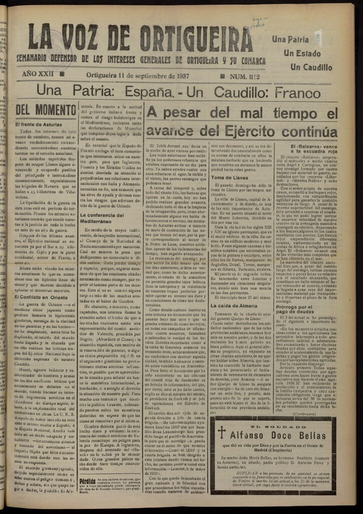 Miniatura de La Voz de Ortigueira del 11 de septiembre de 1937, nº 1112