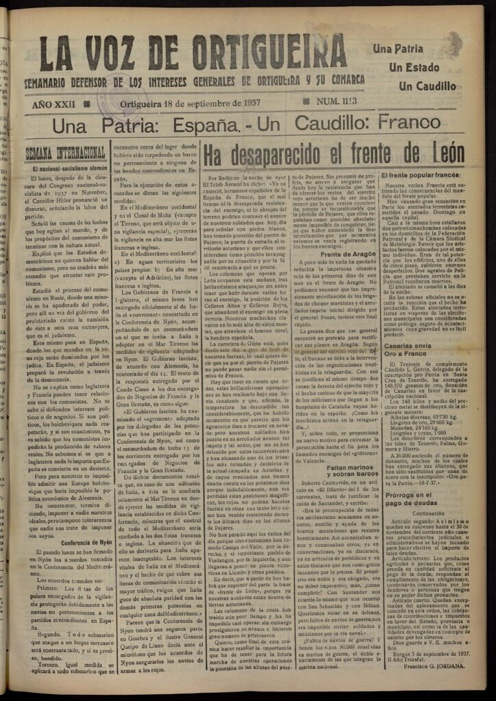 Miniatura de La Voz de Ortigueira del 18 de septiembre de 1937, nº 1113
