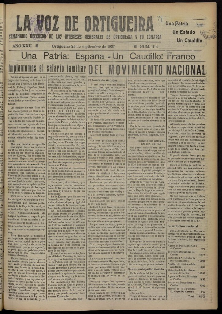 Miniatura de La Voz de Ortigueira del 25 de septiembre de 1937, nº 1114