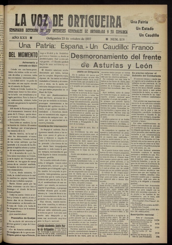 Miniatura de La Voz de Ortigueira del 23 de octubre de 1937, nº 1118