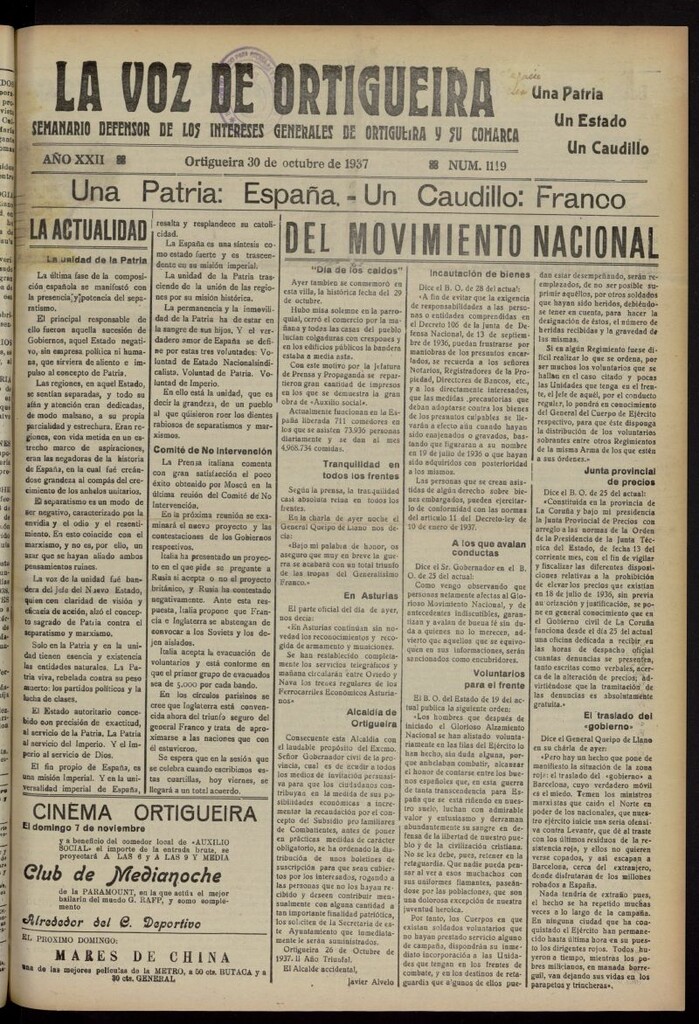 Miniatura de La Voz de Ortigueira del 30 de octubre de 1937, nº 1119