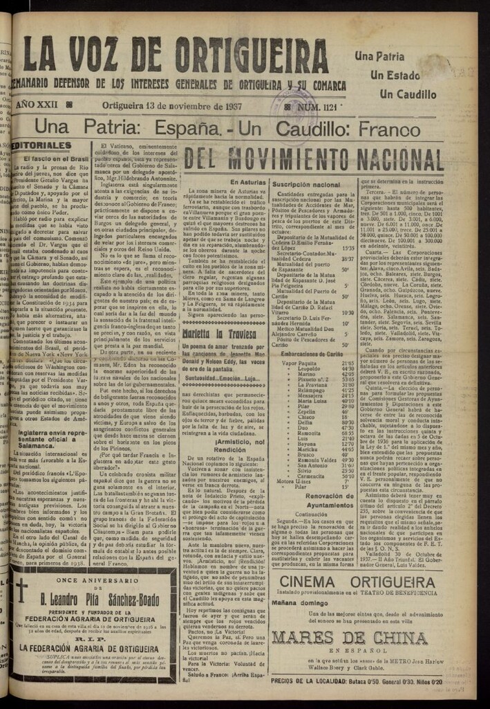 Miniatura de La Voz de Ortigueira del 13 de noviembre de 1937, nº 1121
