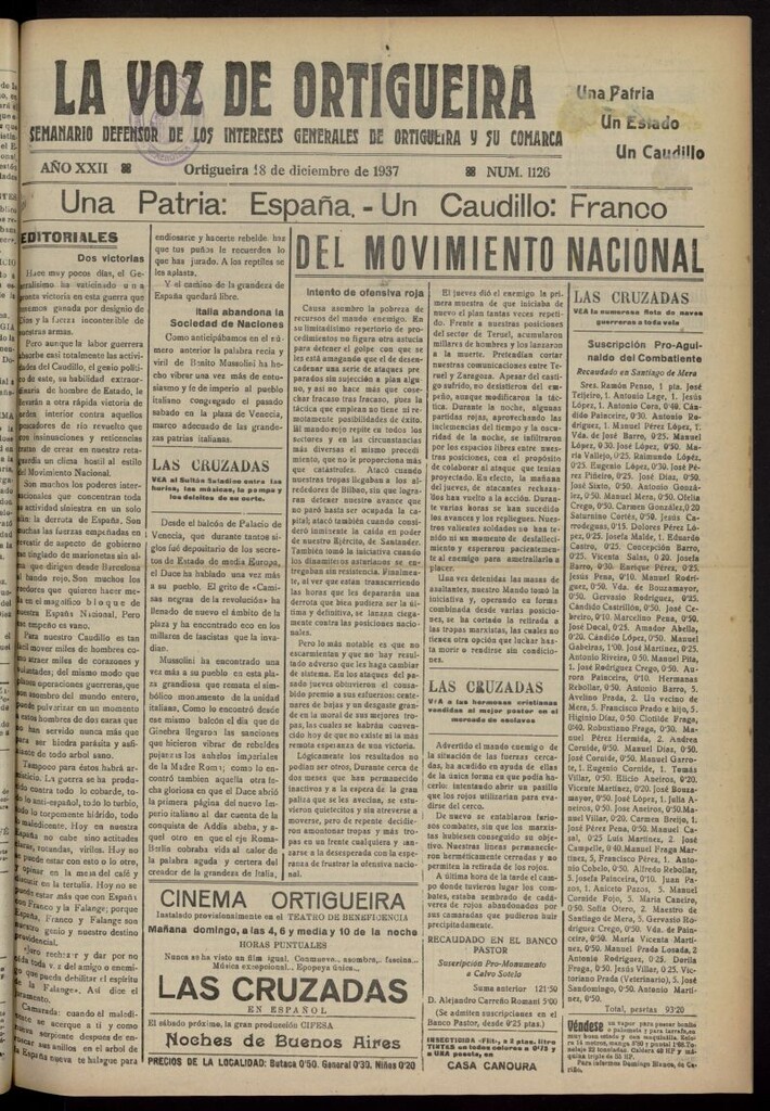 Miniatura de La Voz de Ortigueira del 18 de diciembre de 1937, nº 1126