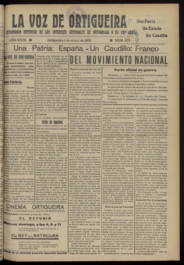 Miniatura de La Voz de Ortigueira del 1 de enero de 1938, nº 1128