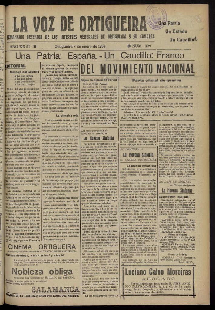 Miniatura de La Voz de Ortigueira del 8 de enero de 1938, nº 1129