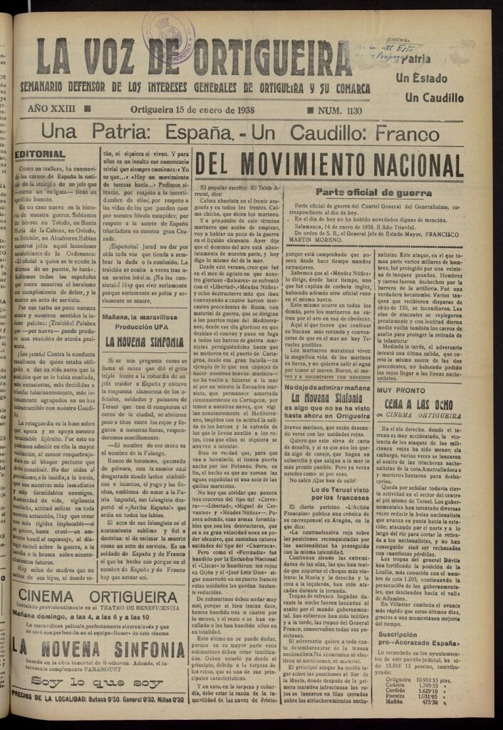 Miniatura de La Voz de Ortigueira del 15 de enero de 1938, nº 1130