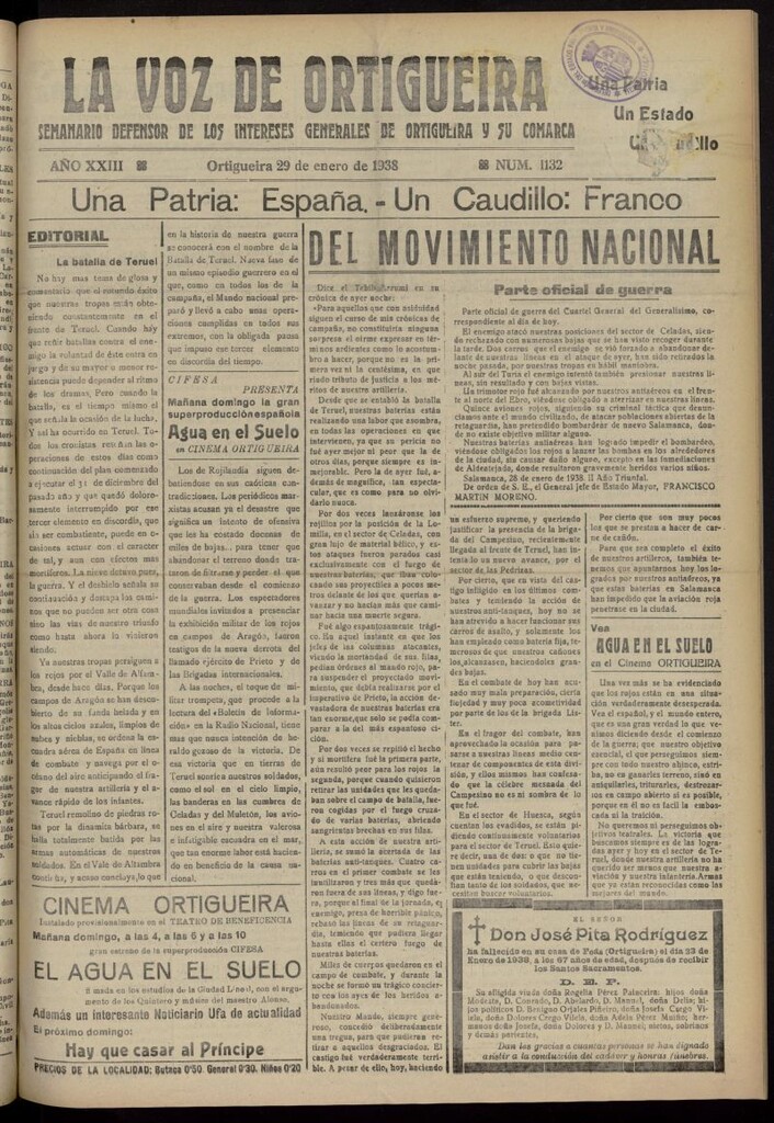 Miniatura de La Voz de Ortigueira del 29 de enero de 1938, nº 1132