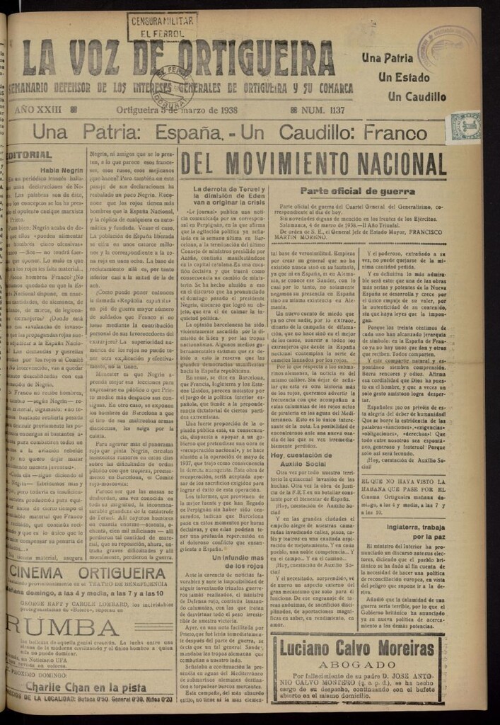 Miniatura de La Voz de Ortigueira del 5 de marzo de 1938, nº 1137