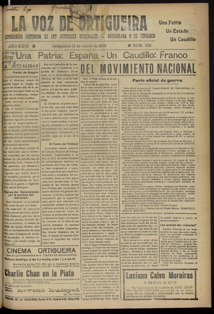 Miniatura de La Voz de Ortigueira del 12 de marzo de 1938, nº 1138