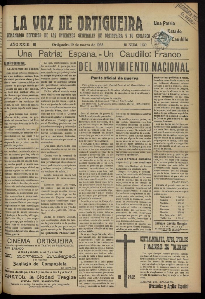 Miniatura de La Voz de Ortigueira del 19 de marzo de 1938, nº 1139