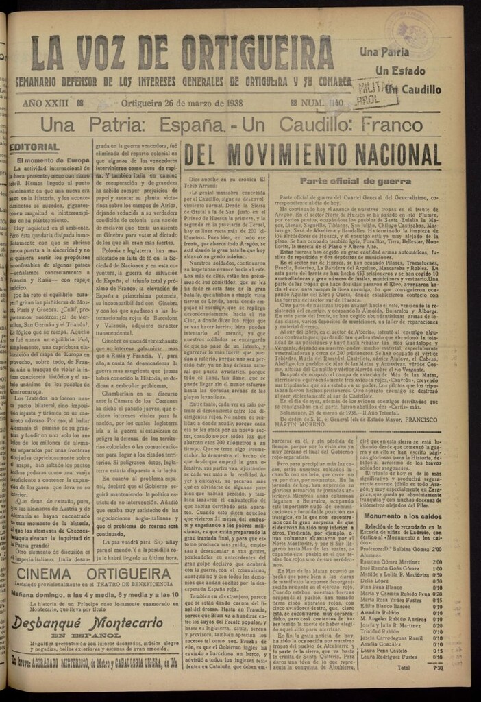 Miniatura de La Voz de Ortigueira del 26 de marzo de 1938, nº 1140