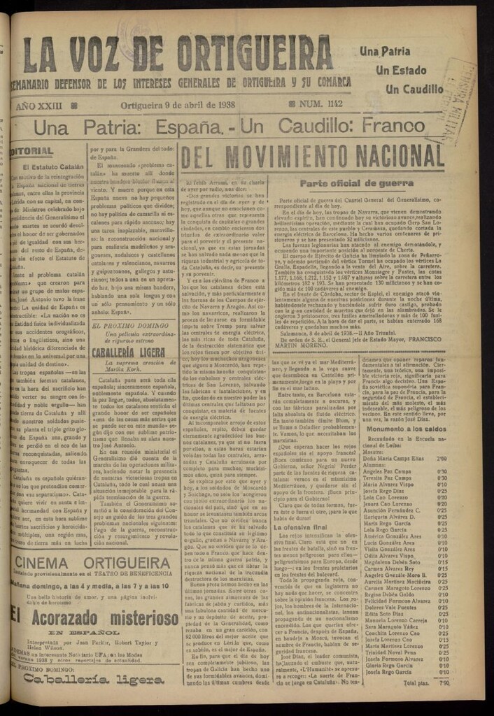 Miniatura de La Voz de Ortigueira del 9 de abril de 1938, nº 1142