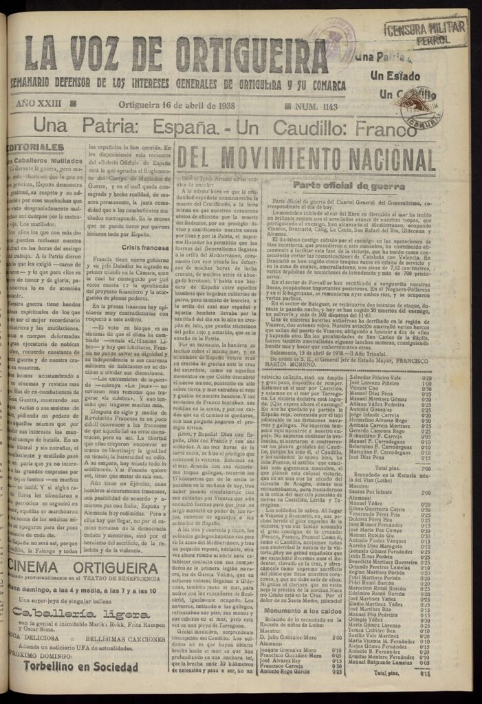 Miniatura de La Voz de Ortigueira del 16 de abril de 1938, nº 1143