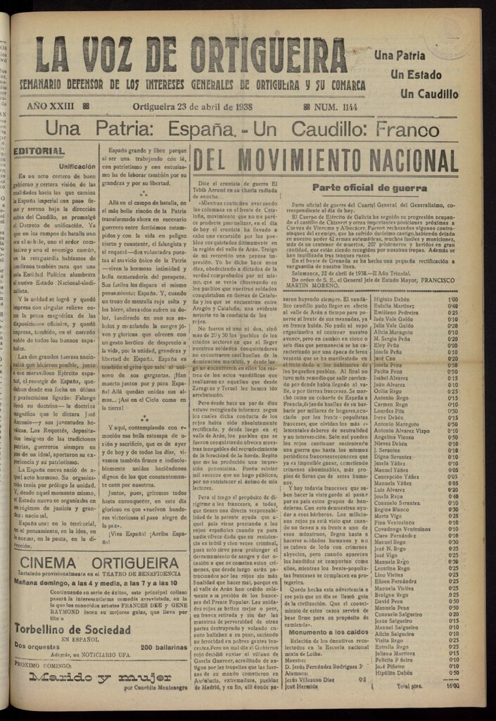 Miniatura de La Voz de Ortigueira del 23 de abril de 1938, nº 1144