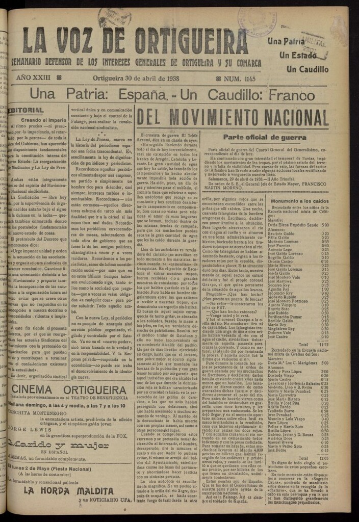 Miniatura de La Voz de Ortigueira del 30 de abril de 1938, nº 1145