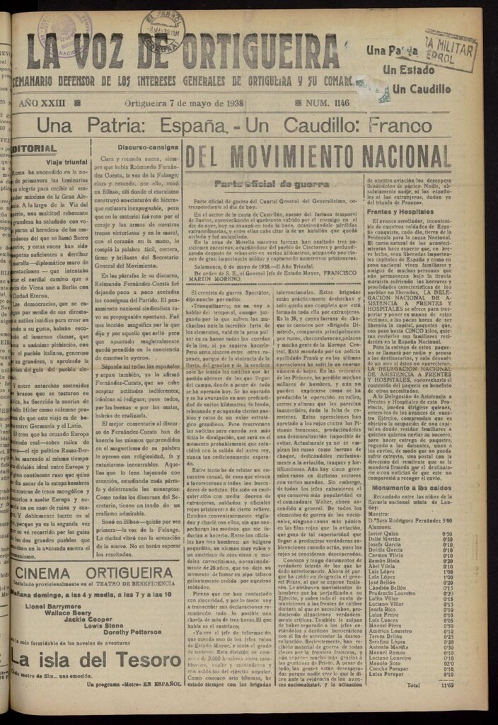 Miniatura de La Voz de Ortigueira del 7 de mayo de 1938, nº 1146
