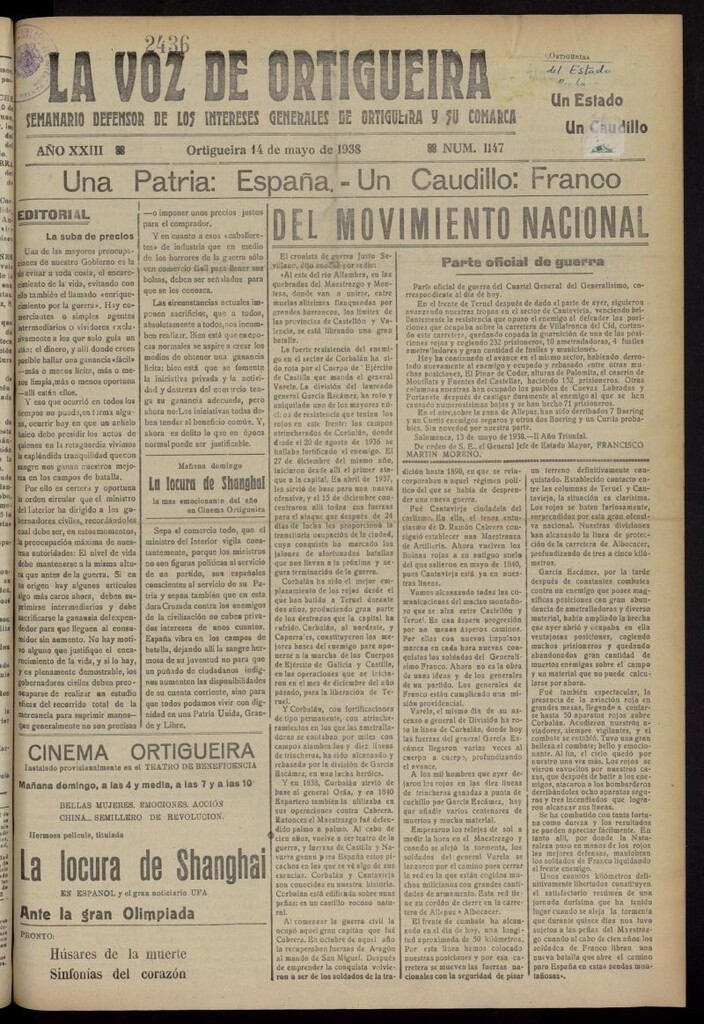 Miniatura de La Voz de Ortigueira del 14 de mayo de 1938, nº 1147