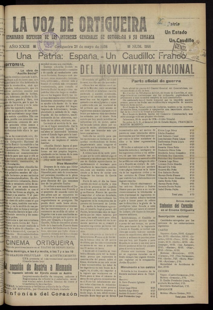 Miniatura de La Voz de Ortigueira del 21 de mayo de 1938, nº 1148