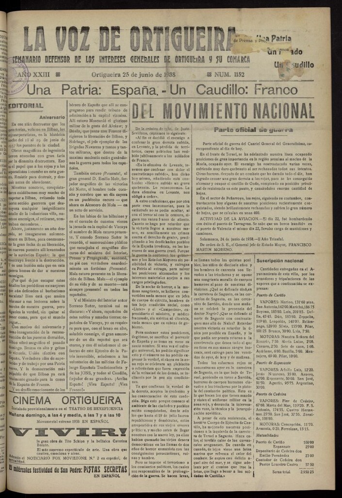 Miniatura de La Voz de Ortigueira del 25 de junio de 1938, nº 1152