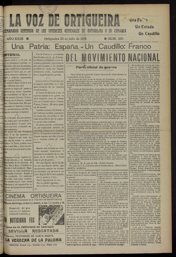 Miniatura de La Voz de Ortigueira del 23 de julio de 1938, nº 1156
