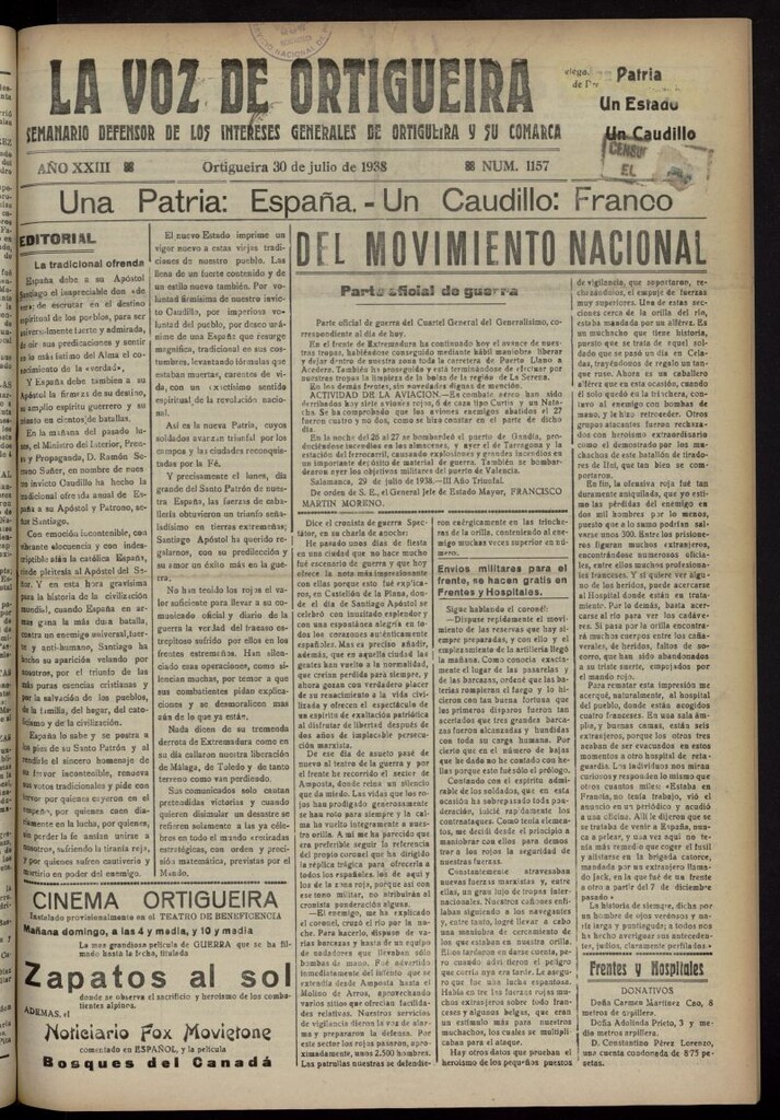 Miniatura de La Voz de Ortigueira del 30 de julio de 1938, nº 1157
