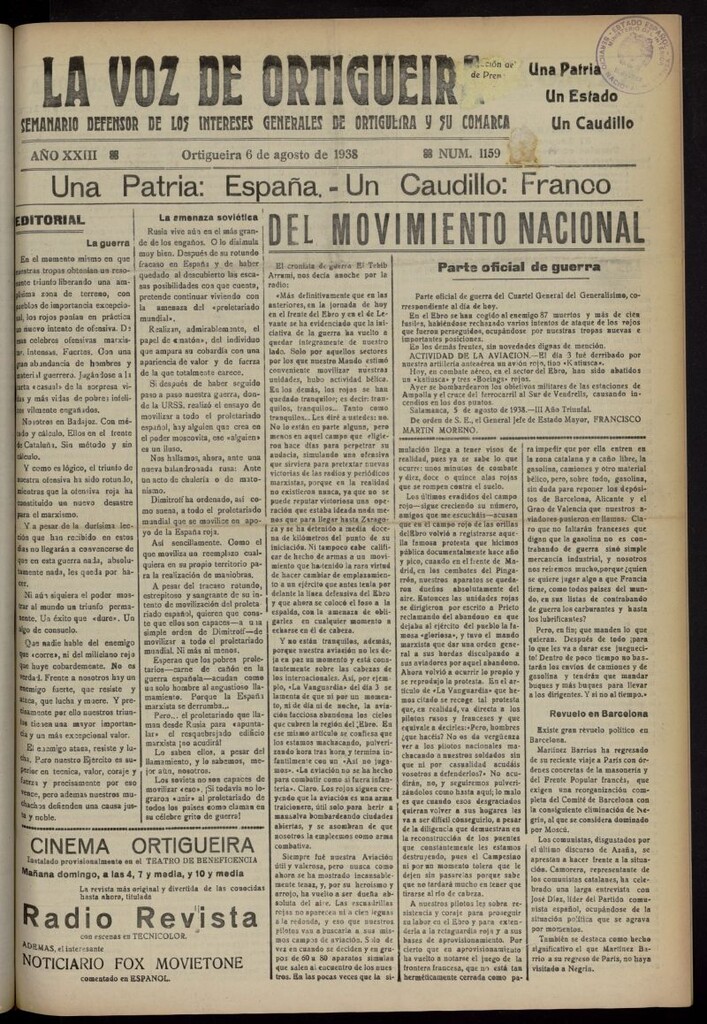 Miniatura de La Voz de Ortigueira del 6 de agosto de 1938, nº 1159 [sic]