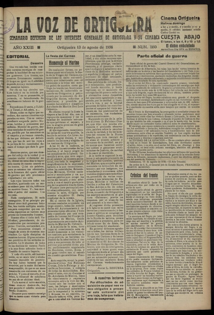 Miniatura de La Voz de Ortigueira del 13 de agosto de 1938, nº 1160