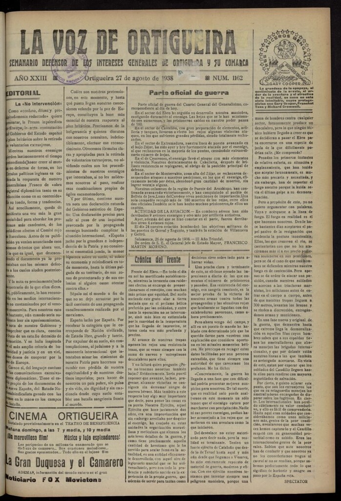Miniatura de La Voz de Ortigueira del 27 de agosto de 1938, nº 1162