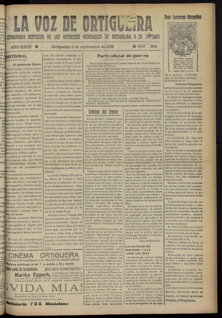 Miniatura de La Voz de Ortigueira del 3 de septiembre de 1938, nº 1163
