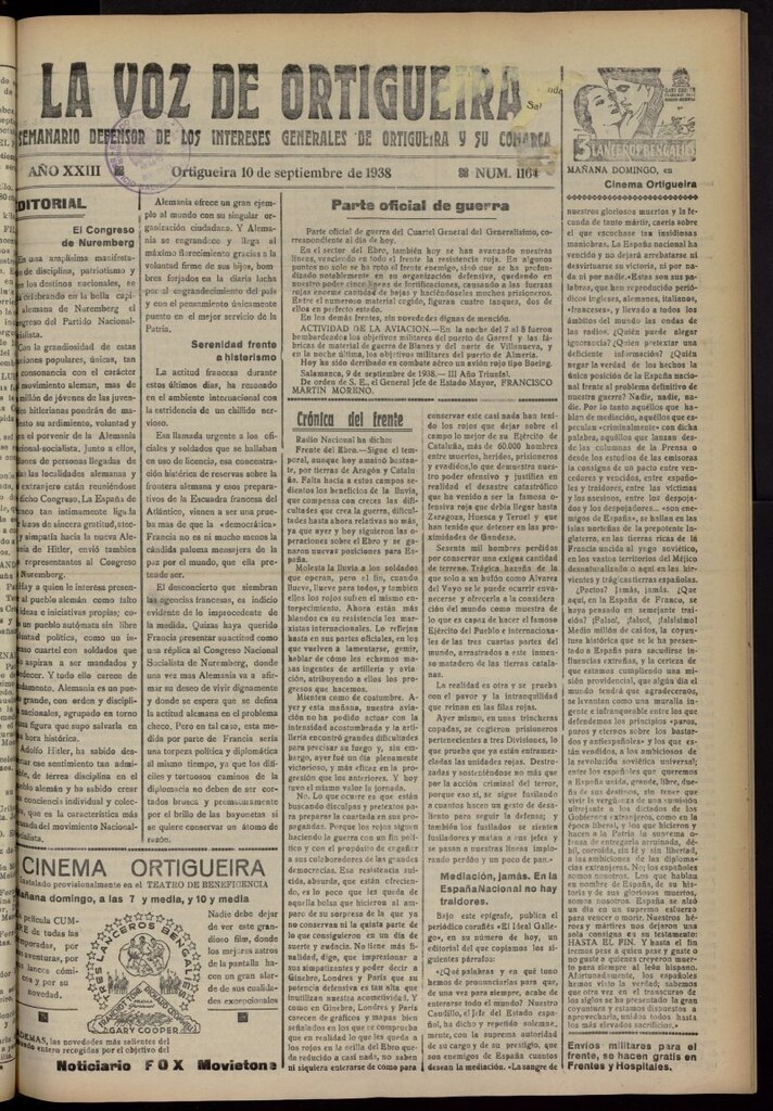 Miniatura de La Voz de Ortigueira del 10 de septiembre de 1938, nº 1164