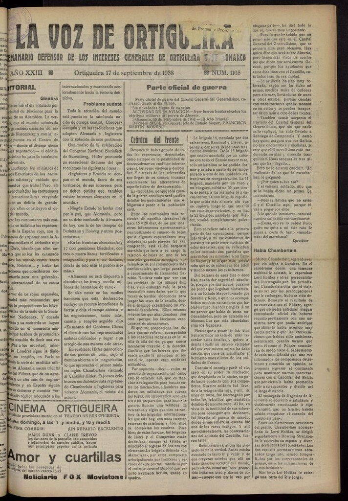Miniatura de La Voz de Ortigueira del 17 de septiembre de 1938, nº 1165